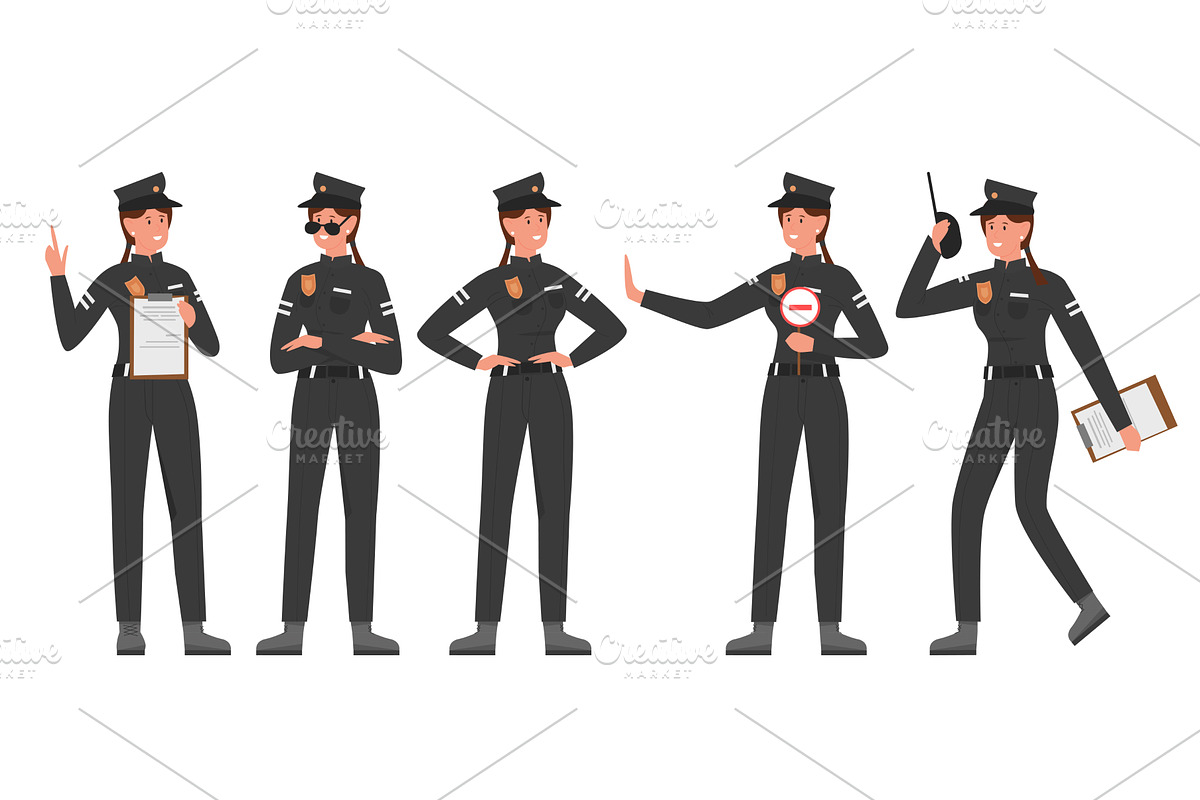 Policewoman Character Set in Various, a Person Illustration by Flashvector