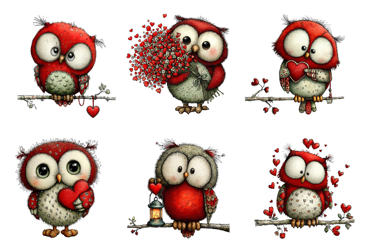Whimsical Valentine's Owls Clipart, an Illustration by Dream Creation (Photo 3 of 6)