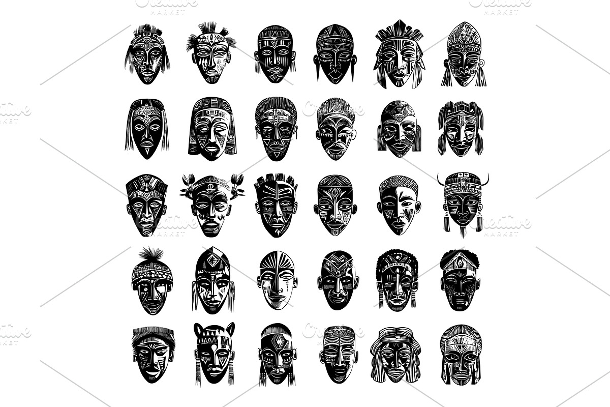 Tribal african masks black ink, an Object Illustration by Valerie Bodnar