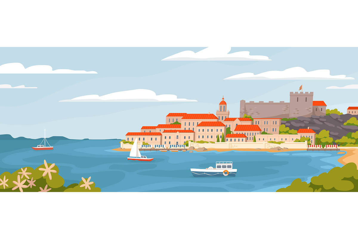 European town on sea coast landscape, an Illustration by Good Studio (Photo 1 of 3)