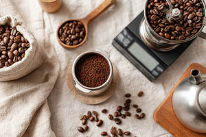 Grind coffee beans using a scale and grinder in a cozy kitchen setup, a Food & Drink Photo by AlyaAnd