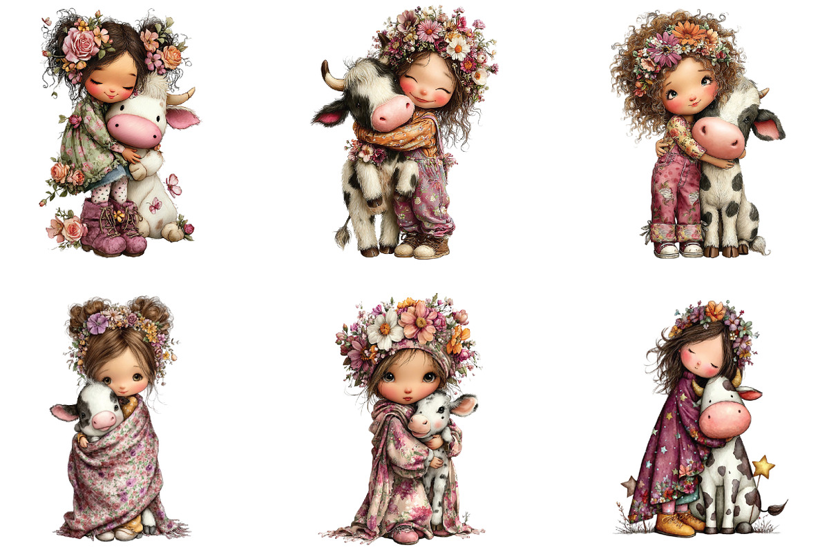 Whimsical Girl Hugging Cow Clipart, an Illustration by CraftArtStudio (Photo 4 of 6)