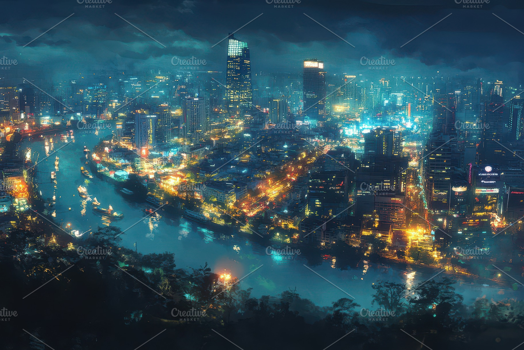 A sprawling city skyline illuminated, a Photo by Tanuart
