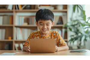 Asian boy happily using a tablet at, a Person Photo by Sergey Kotenev