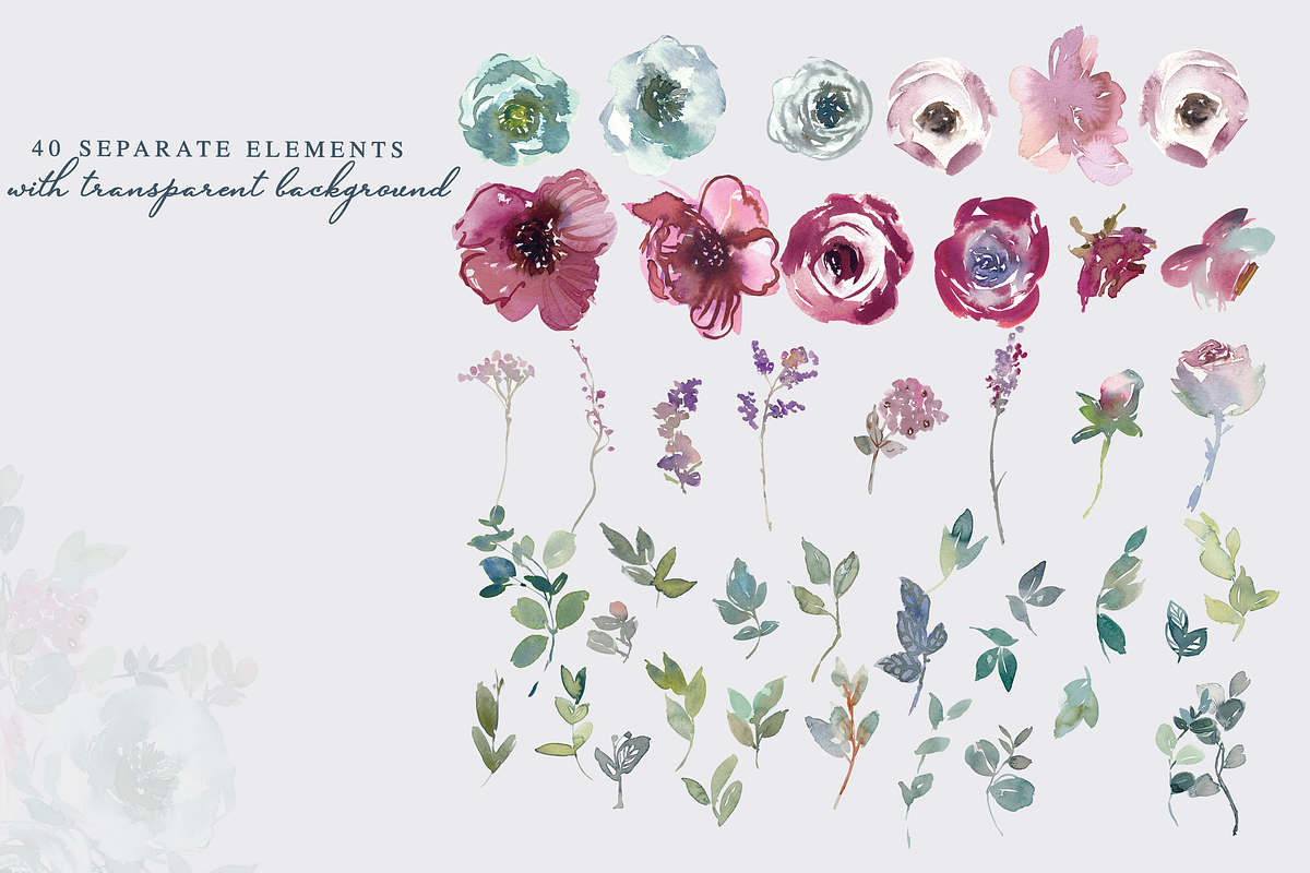 Mint & Mauve Watercolor Floral Set, a Decorative Illustration by ...