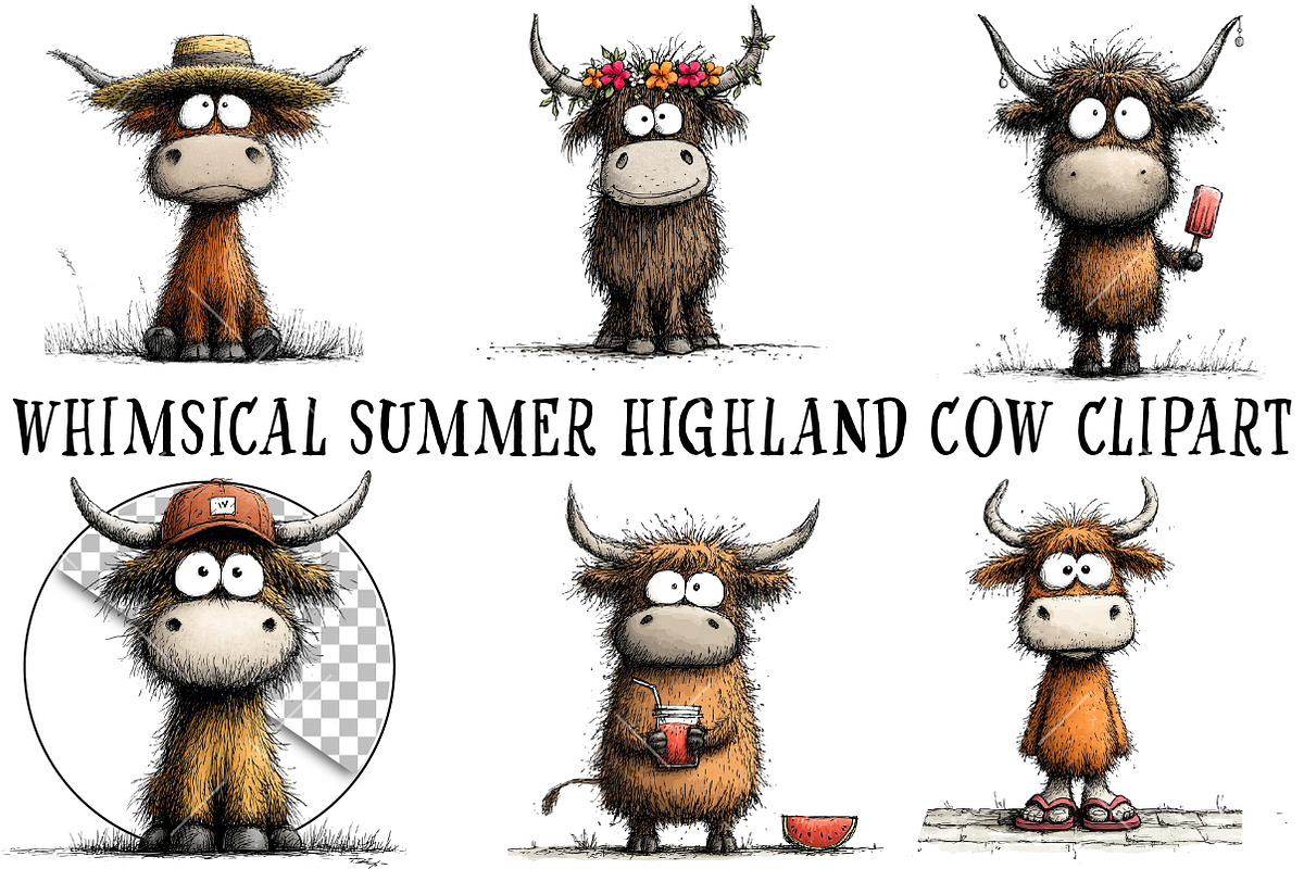 Whimsical Summer Highland Cow Clipar, an Illustration by OK Design (Photo 2 of 6)