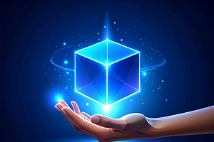 Human hand reaching out toward a glowing blue holographic cube s, a Technology Illustration by DanFLCreativo