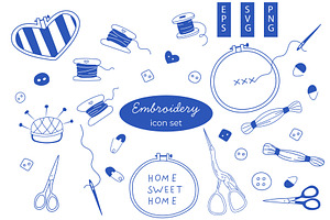Blue Embroidery Line Icons Set