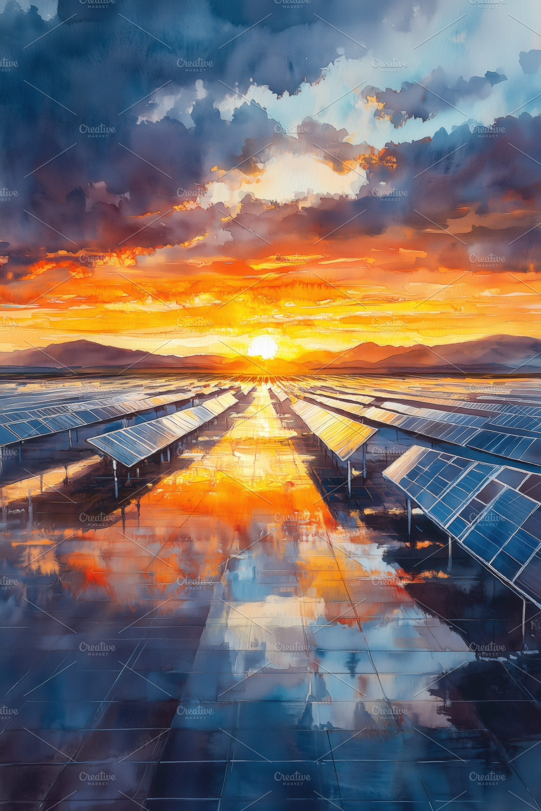 A vibrant sunset over a solar farm, with rows of solar panels reflecting the co, a Technology Photo by Textures & Backgrounds