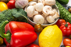 Fresh organic fruits and vegetables creating healthy food backgr, a Photo by Olena Rudo