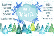 Vector Watercolor Snowflakes+ Bonus, a Decorative Illustration by CreativeJourney (Thumbnail 1 of 3)