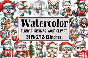 Funny Christmas Wolf Clipart, an Illustration by Design Market