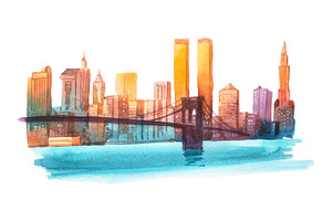 Manhattan Bridge New York Cityscape Watercolor Illustration.