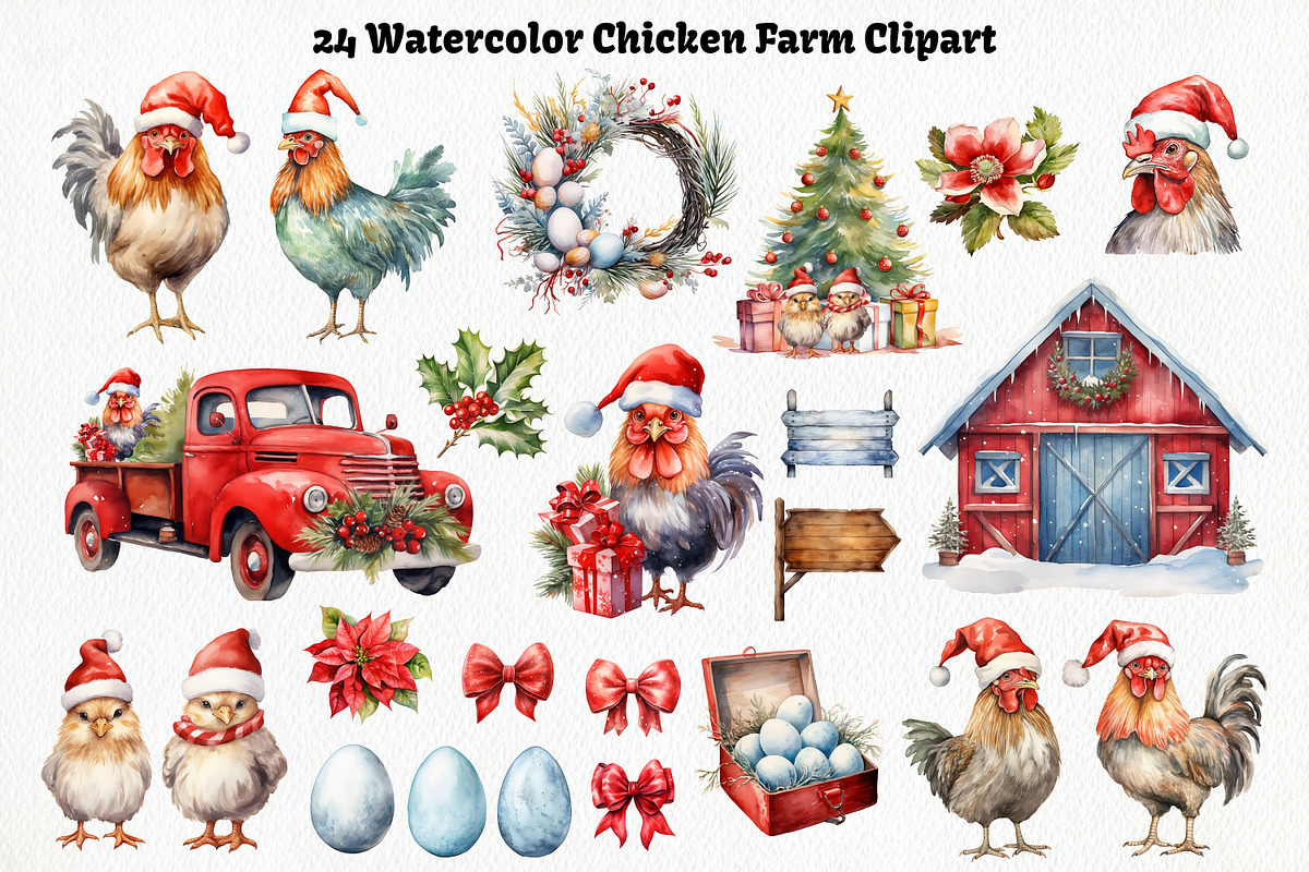 Christmas Chicken Watercolor Clipart, an Animal Illustration by ArtIrisArt (Photo 2 of 6)