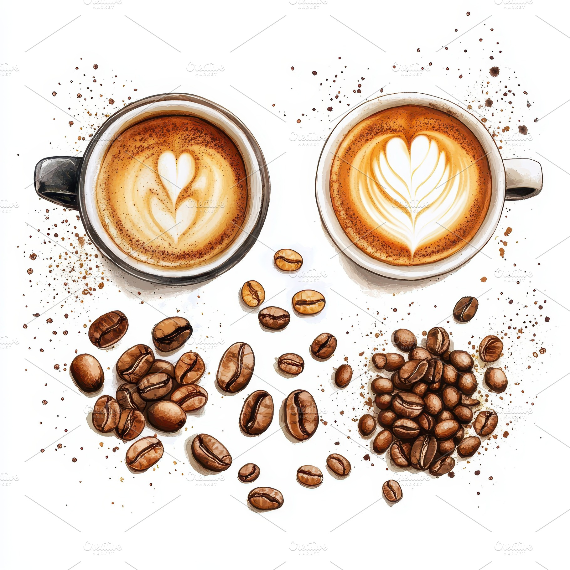 Two cups of latte art coffee beans a, a Food & Drink Photo by Pixeness Studio