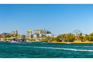 View of pyrmont district and the anzac bridge in sydney stock photo, an Architecture Photo by Leonid Andronov