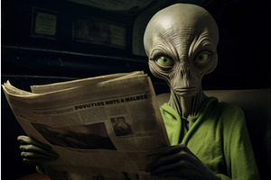 Curious alien read newspaper, an Education Illustration by Ylivdesign