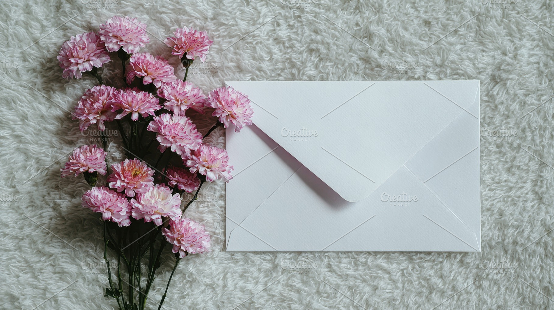 Pink flowers beside a white envelope, a Photo by Beautiful things