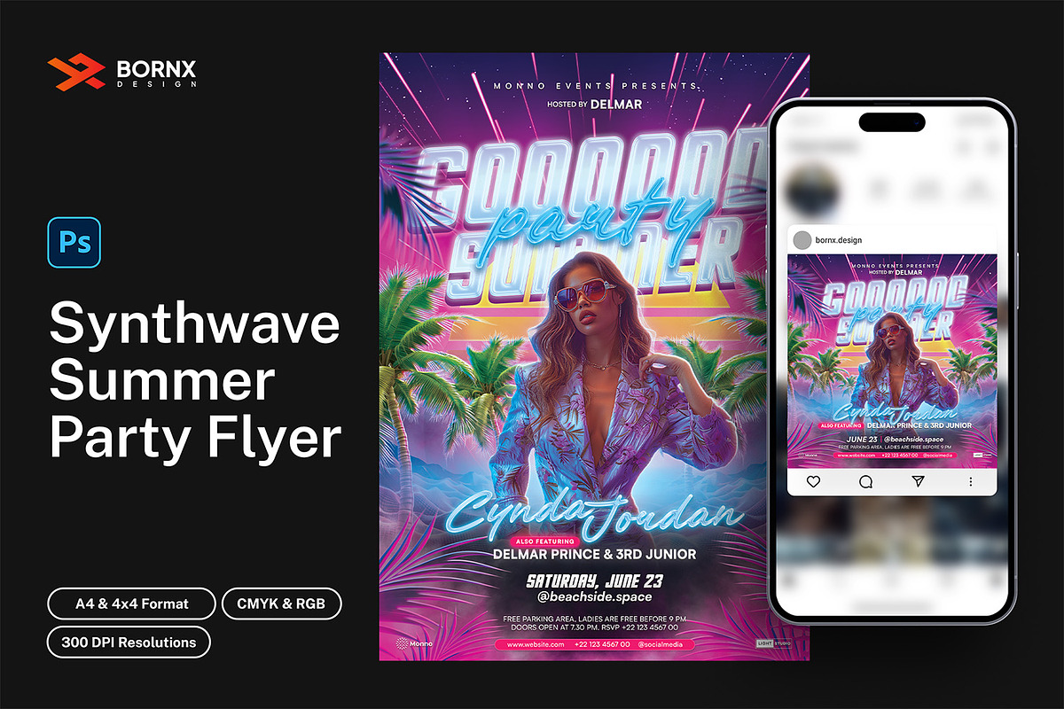 Synthwave Summer Party Flyer PSD, a Flyer Template by Bornx Design (Photo 2 of 6)