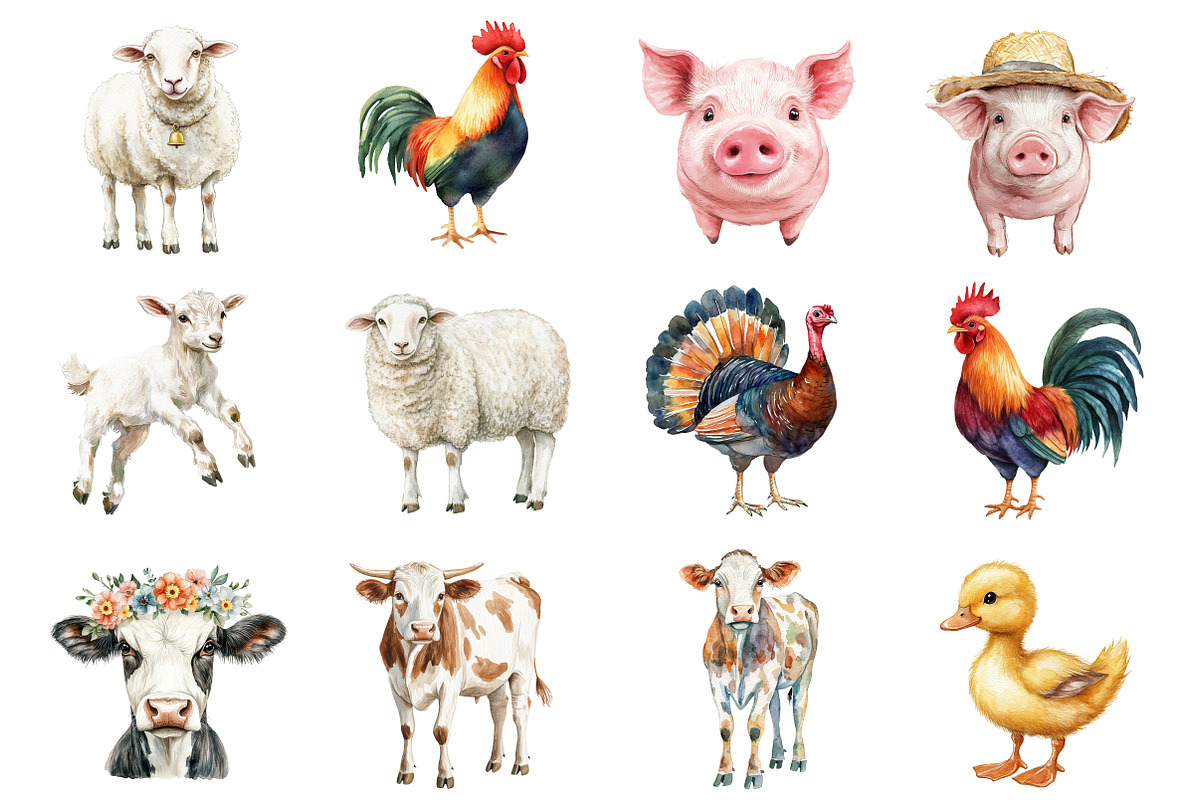 Watercolor Farm Animals, an Illustration by Design Market (Photo 2 of 3)