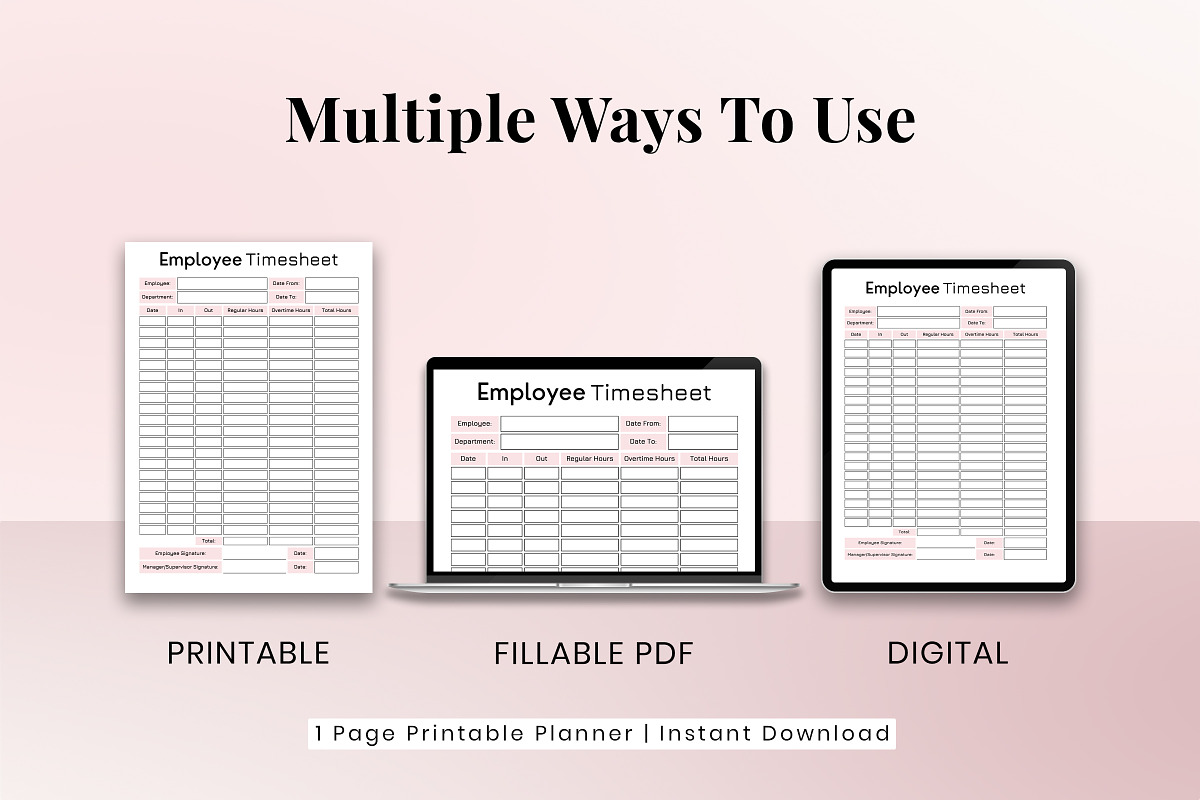 Employee Timesheet Printable - Pink, a Print Template by Snapybiz