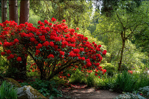 Bright red rhododendron bush blooms, a Photo by Pavel_design