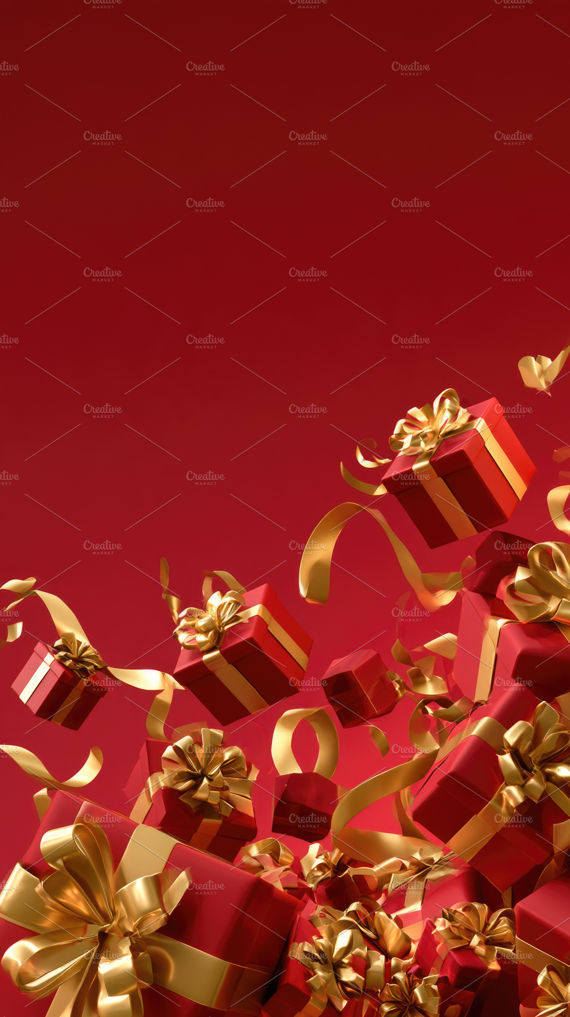 Christmas red gift boxes with golden ribbons on festive red back, a Holiday Photo by José Manuel Gelpi
