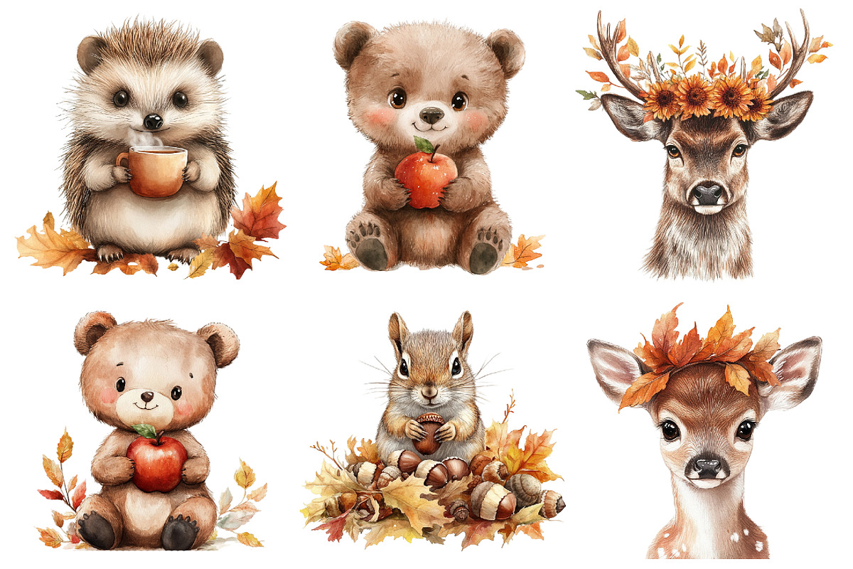 Watercolor Autumn Animals Clipart, an Illustration by SinaCreation (Photo 3 of 5)