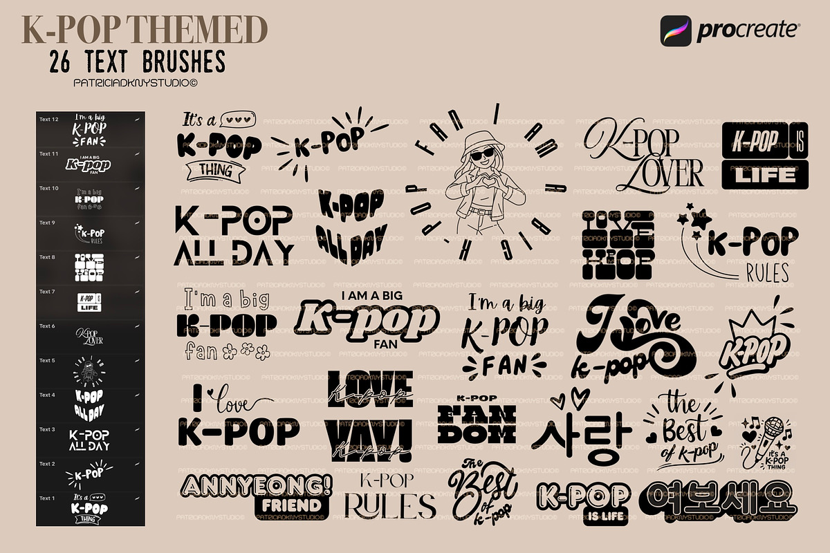 Procreate K-pop stamp brushes, a Brush Add-On by PDknyStudio (Photo 3 of 3)