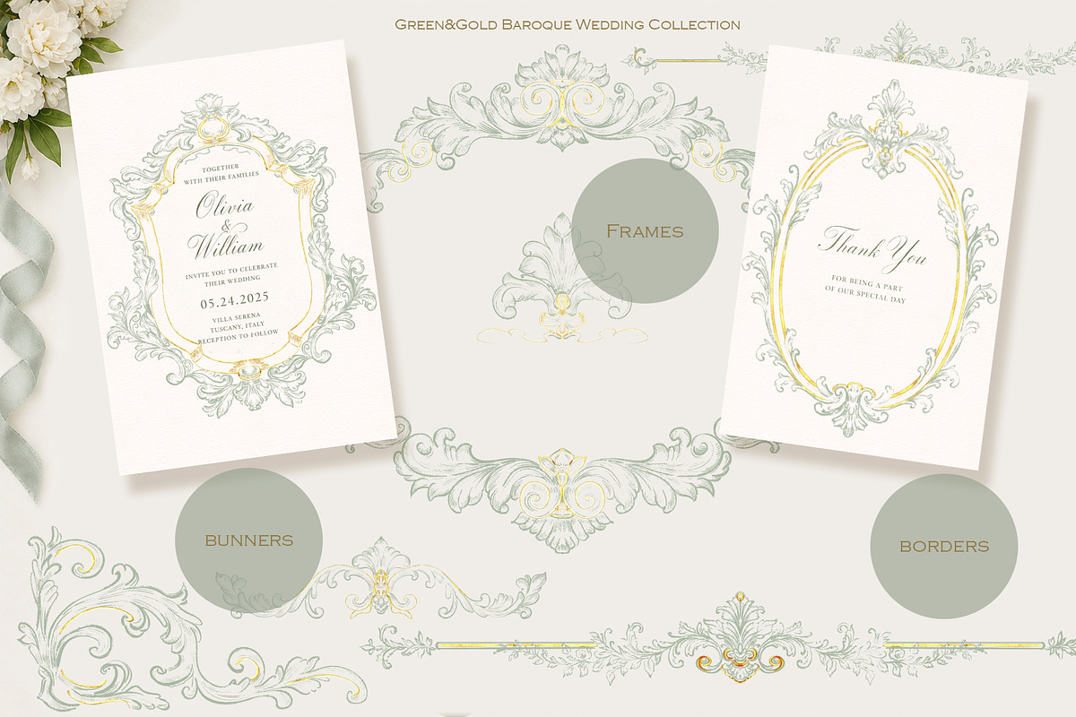 Green&Gold Baroque Wedding Set, a Decorative Illustration by AlenaVlasko stock Market (Photo 1 of 8)