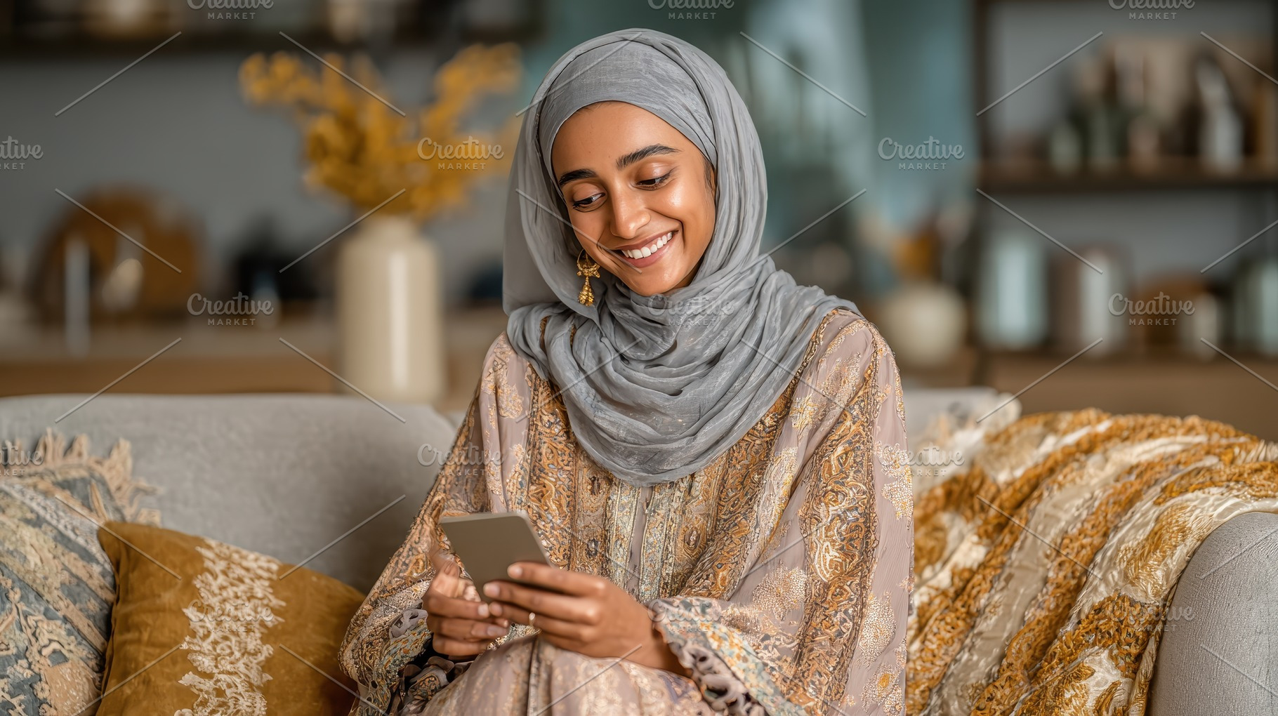 Happy Muslim woman using smartphone, a Photo by Pixeness Studio