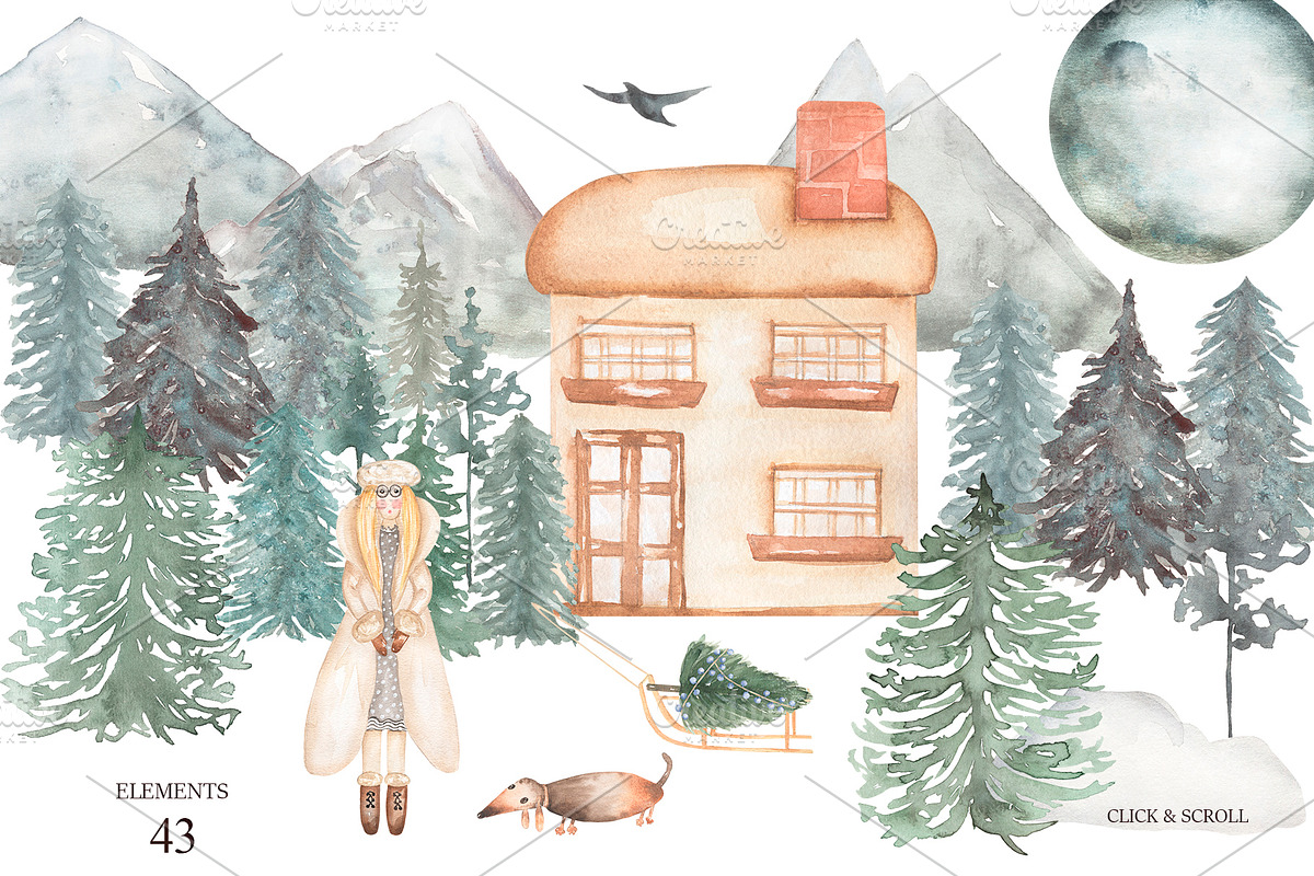 Watercolor Winter Town Collection, a Person Illustration by MayaNavits (Photo 2 of 10)