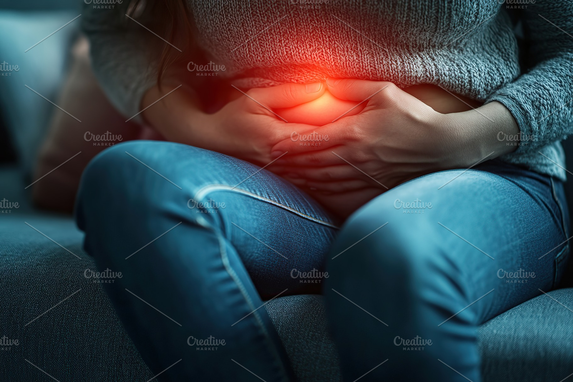 Closeup photo of woman having stomach ache, a Health & Medical Photo by AlyaAnd