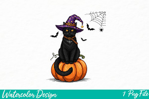 Black Cat Pumpkin Png, an Illustration by Watercolor design