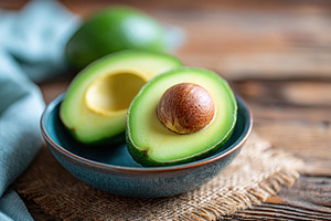 Ripe avocado halves showcasing vibrant green pulp on a rustic wooden table, a Food & Drink Photo by AlyaAnd