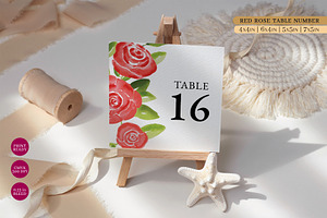 Red Rose Floral Table Number