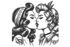 Pin-up Style Women Kissing Engraving