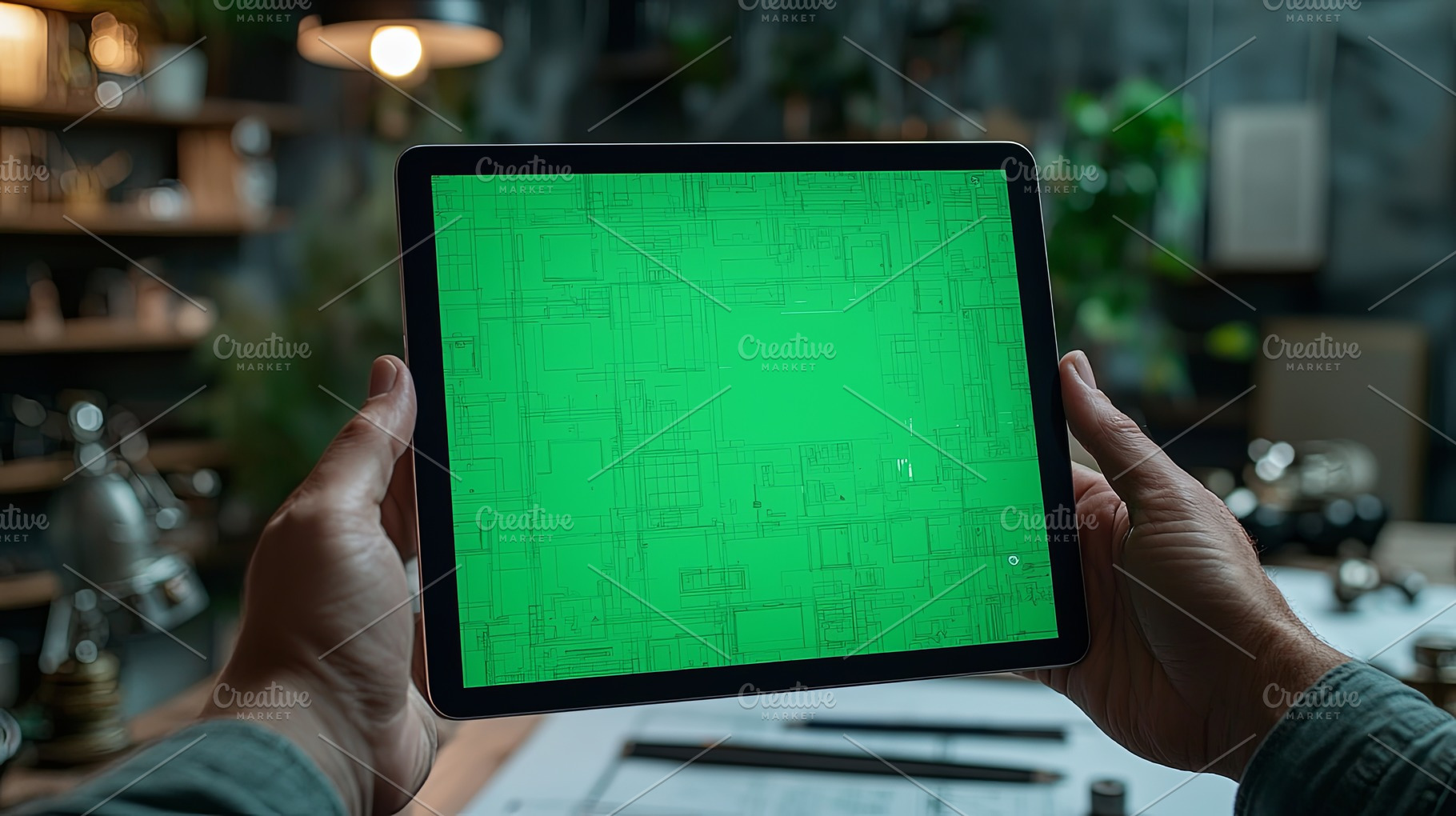 Man holding tablet computer displaying green mockup interface in modern office, a Photo by AS photostudio