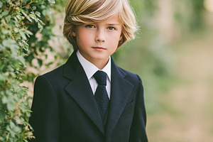 Young boy in a dark formal suit and tie posing outdoors, concept, a Person Photo by Studio ANNA