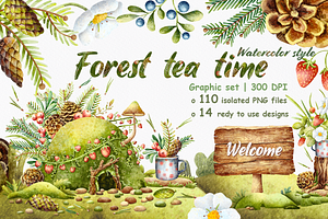 Forest Tea Time. Watercolor Clipart.