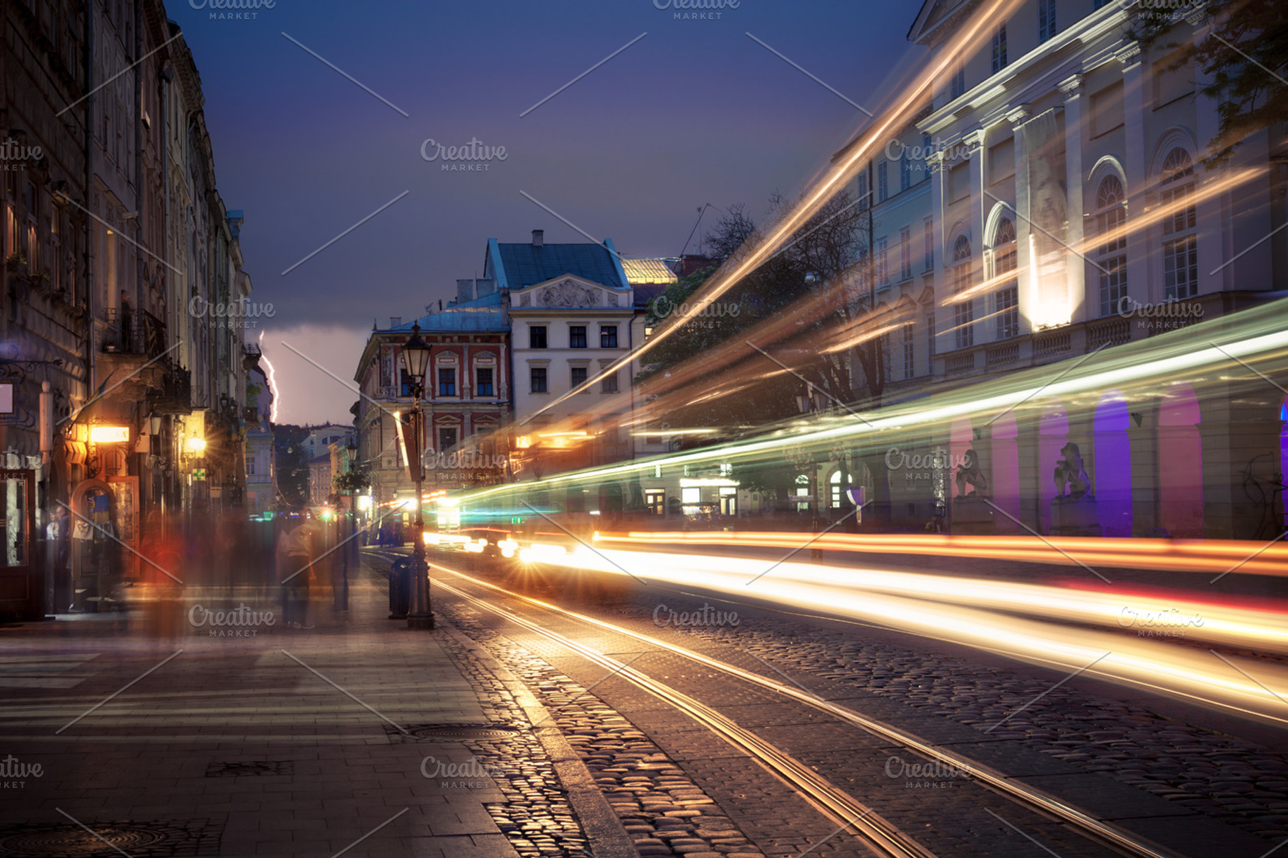 Old european city night traffic containing architecture, building, and city, an Architecture Photo by khoroshkov