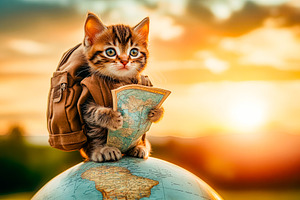 Adventurous Kitten with Map on Globe, an Animal Photo by Ales Munt