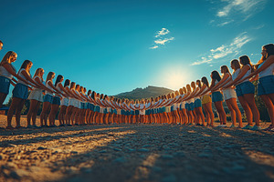 Group of young women forming a circl, a Photo by Tanuart