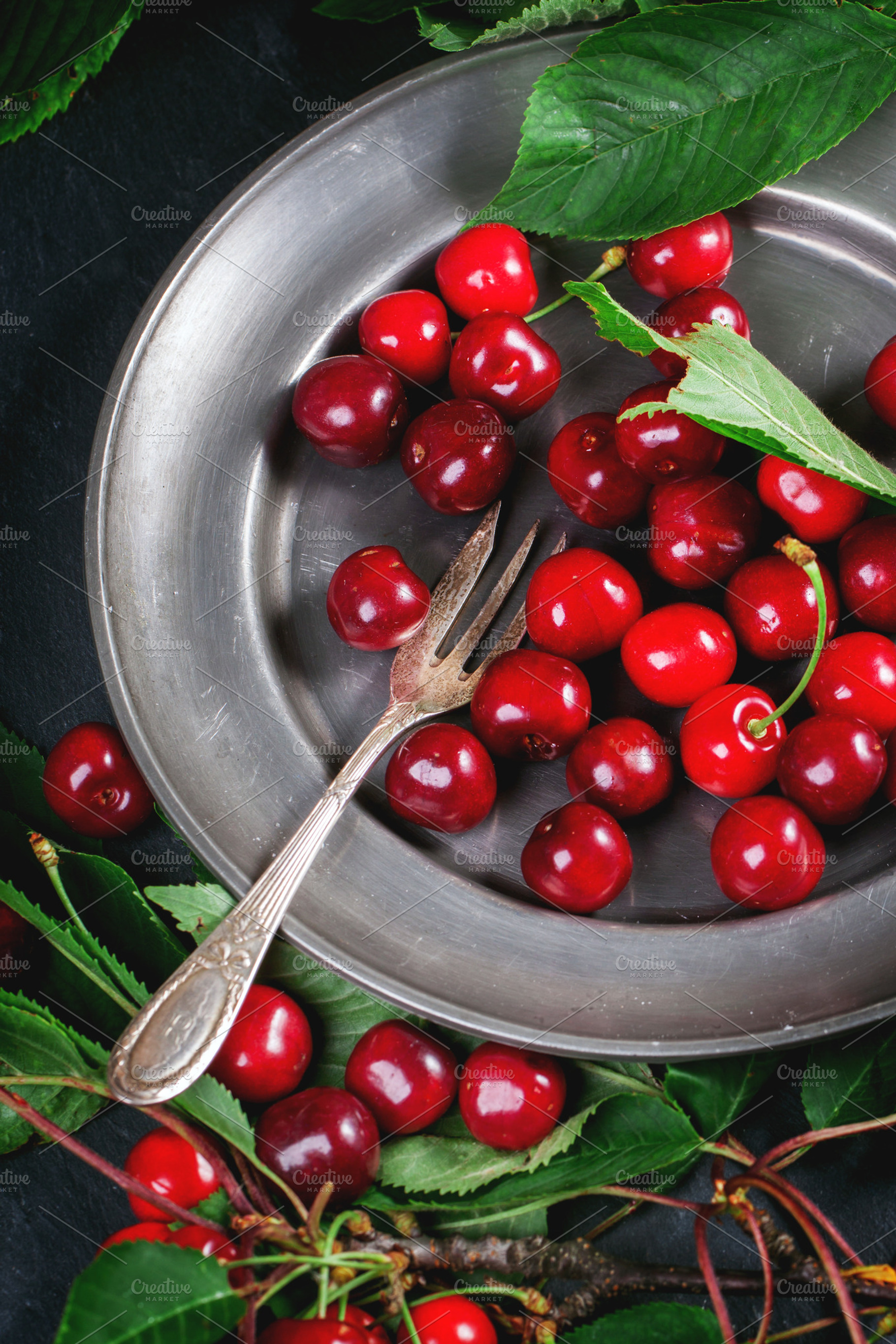 Plate of fresh cherries stock photo containing cherry and cherries