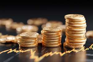 Coins and cash stacked on digital display showing financial trends in modern ec, a Business Photo by AlyaAnd