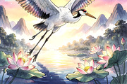 Crane and Lotus Illustration, an Animal Illustration by Sharon Schwalbe (Thumbnail 3 of 4)