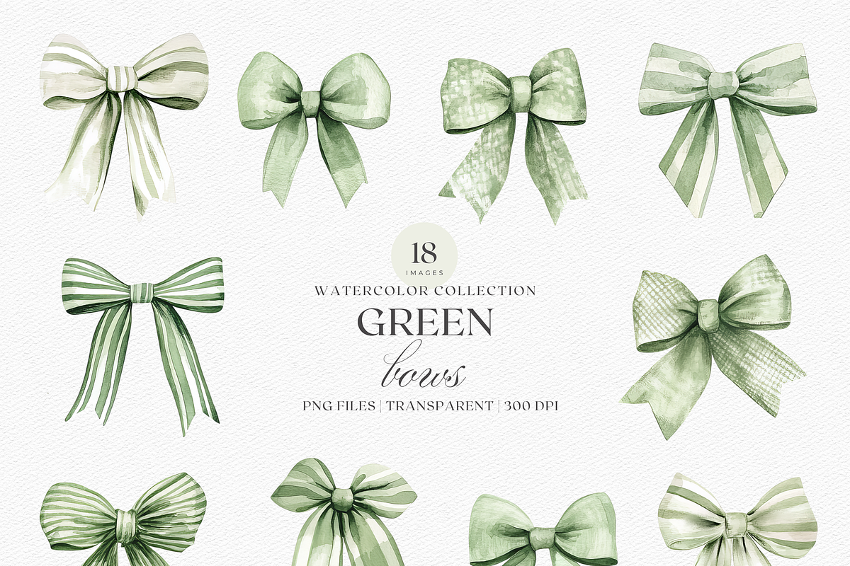 Watercolor Green Bows Clipart, a Decorative Illustration by ThaismotaCreativeCo (Photo 1 of 5)