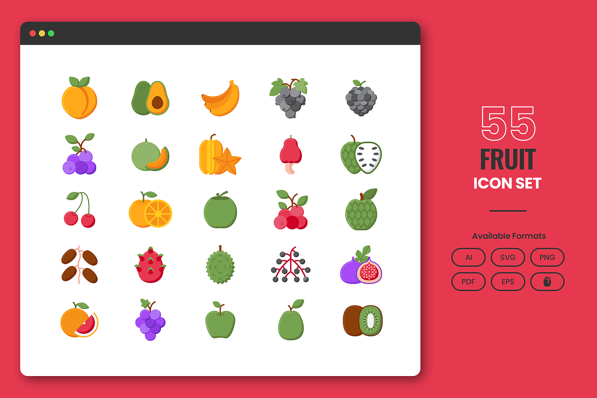 55 Fruits Produce Icons, a Solid Icon by Flat Icons (Photo 1 of 7)