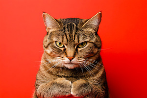 Cat Posing with Serious Expression on Red Background, an Animal Photo by Ales Munt