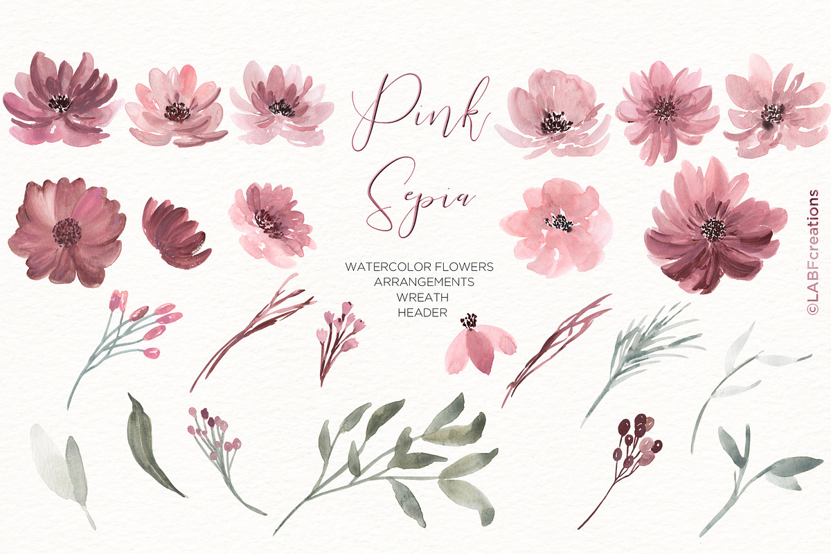 Pink Sepia. Watercolor Flowers, an Illustration by LABFcreations (Photo 6 of 6)